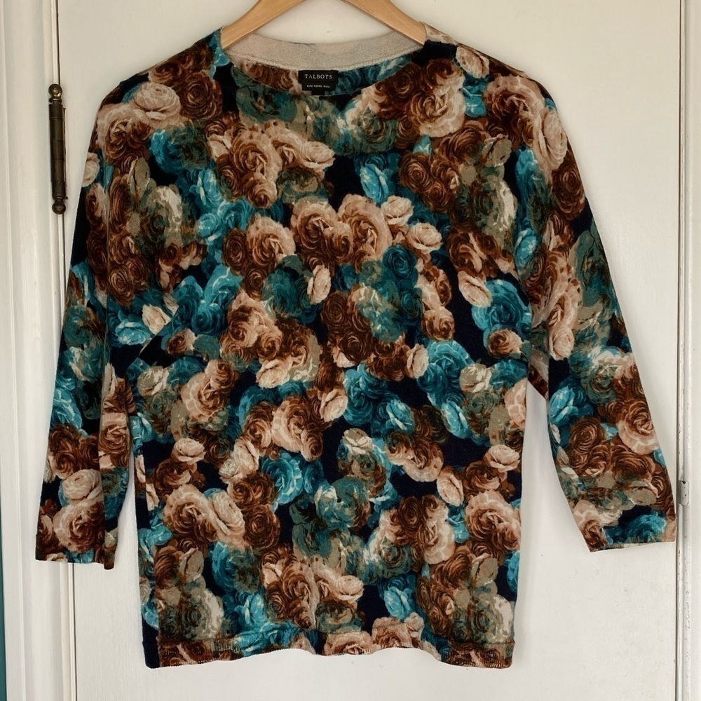 𝅺talbots 100% Merino Wool Floral Print Sweater Womens Medium Good Condition